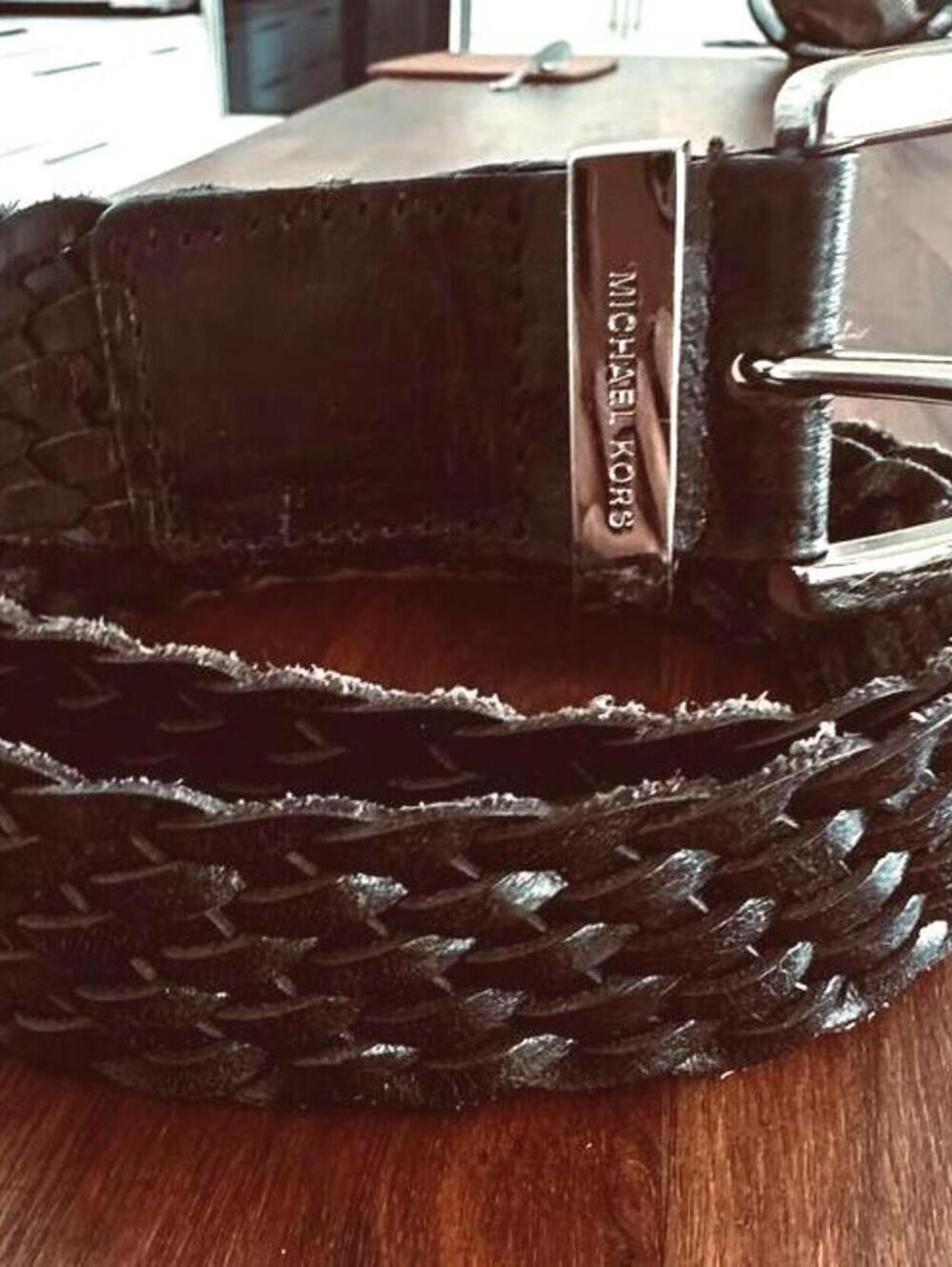 Michael Kors Black Braided Leather Belt with Silver Buckle - Size M 41''